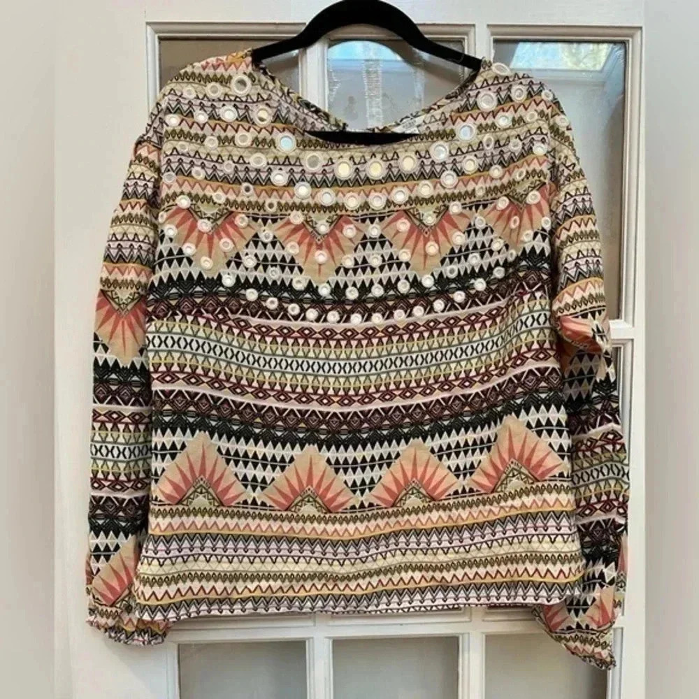 Guess Y2K Bohemian Aztec Southwestern Embellished Boho Tassel Blouse Size S